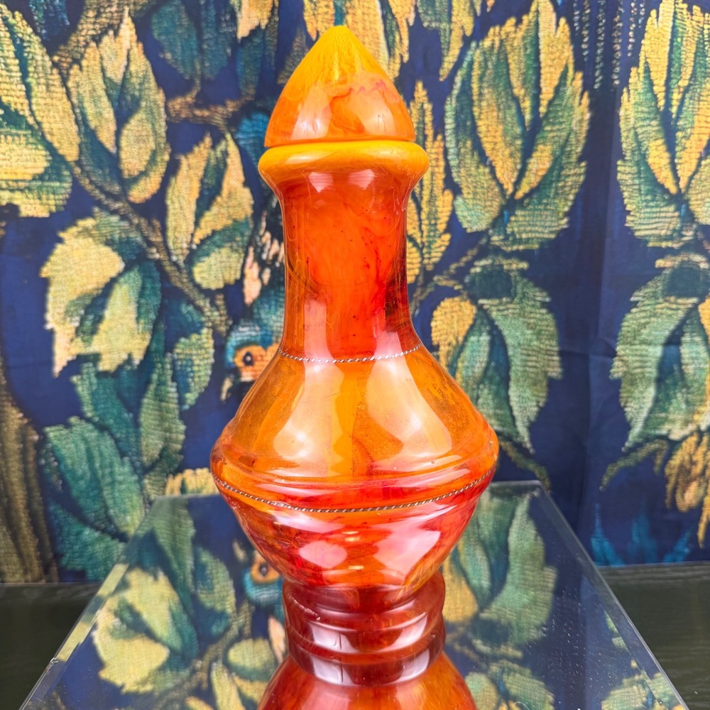 Vintage Orange Yellow Swirl Resin Decanter with Stopper Marbled Art Glass Style